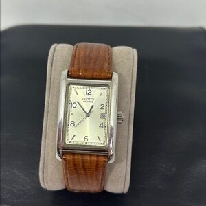Citizen Stainless Steel Watch with Brown Leather Strap and Silver Case